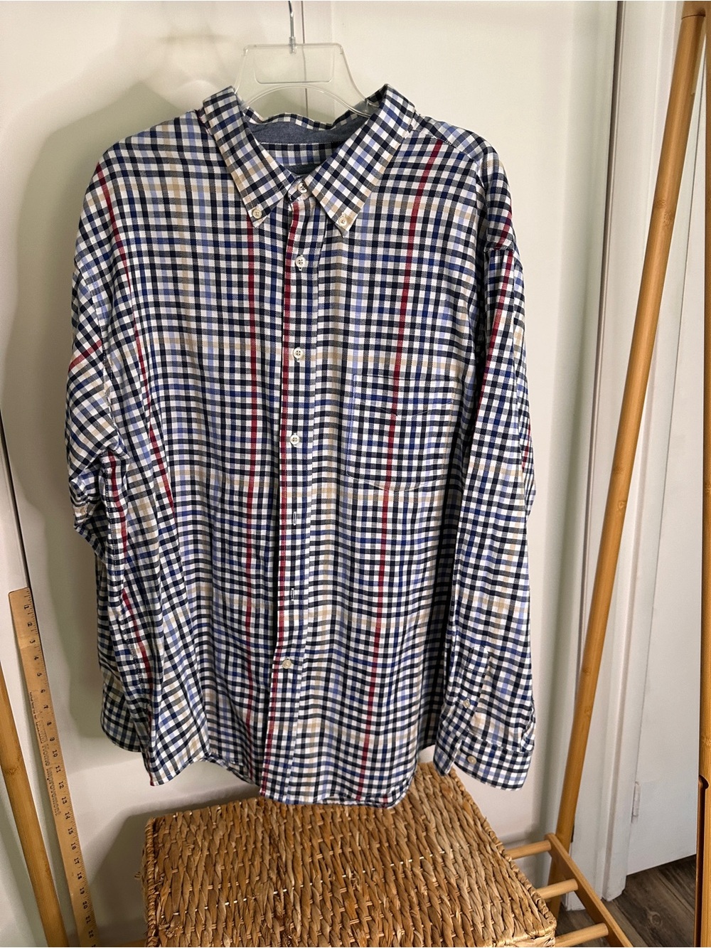 Haggar Plaid Button-Down Shirt in Navy, White & Red